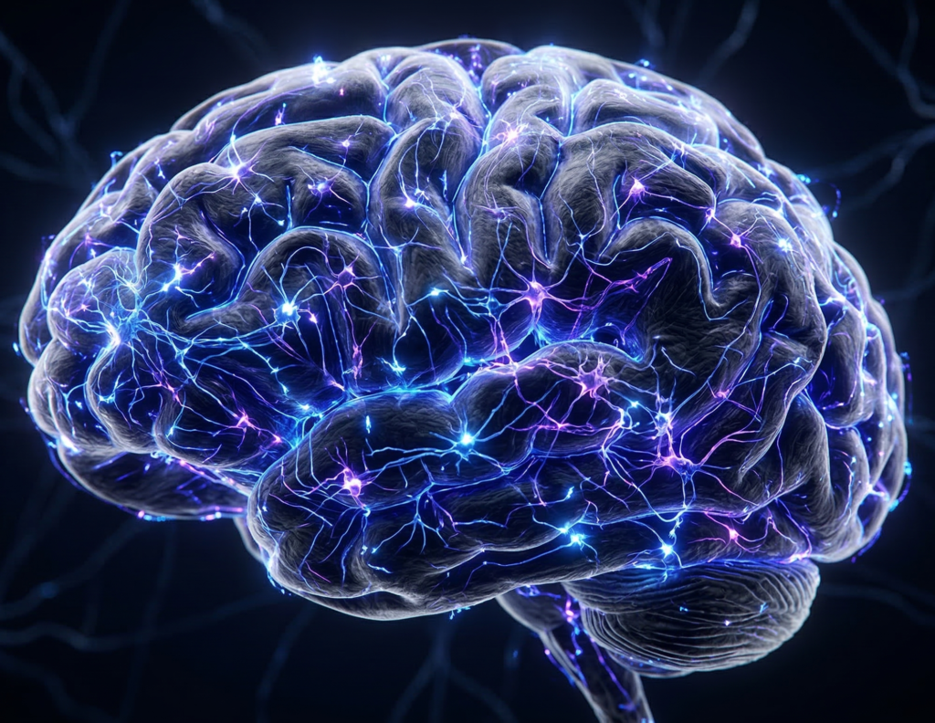 Brain rewiring visualization showing neural pathways forming during mindset change