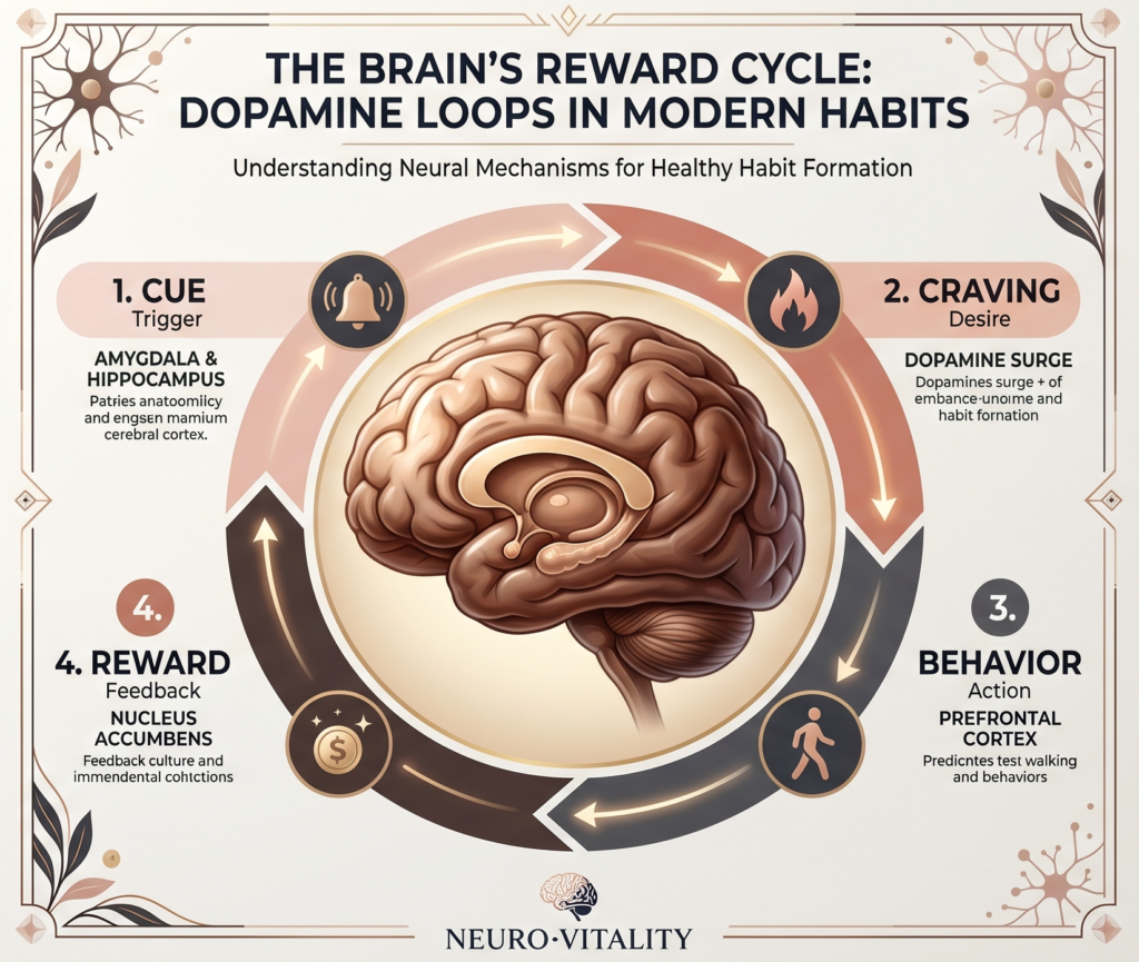 Dopamine loop cycle showing habit formation and reward pathways.