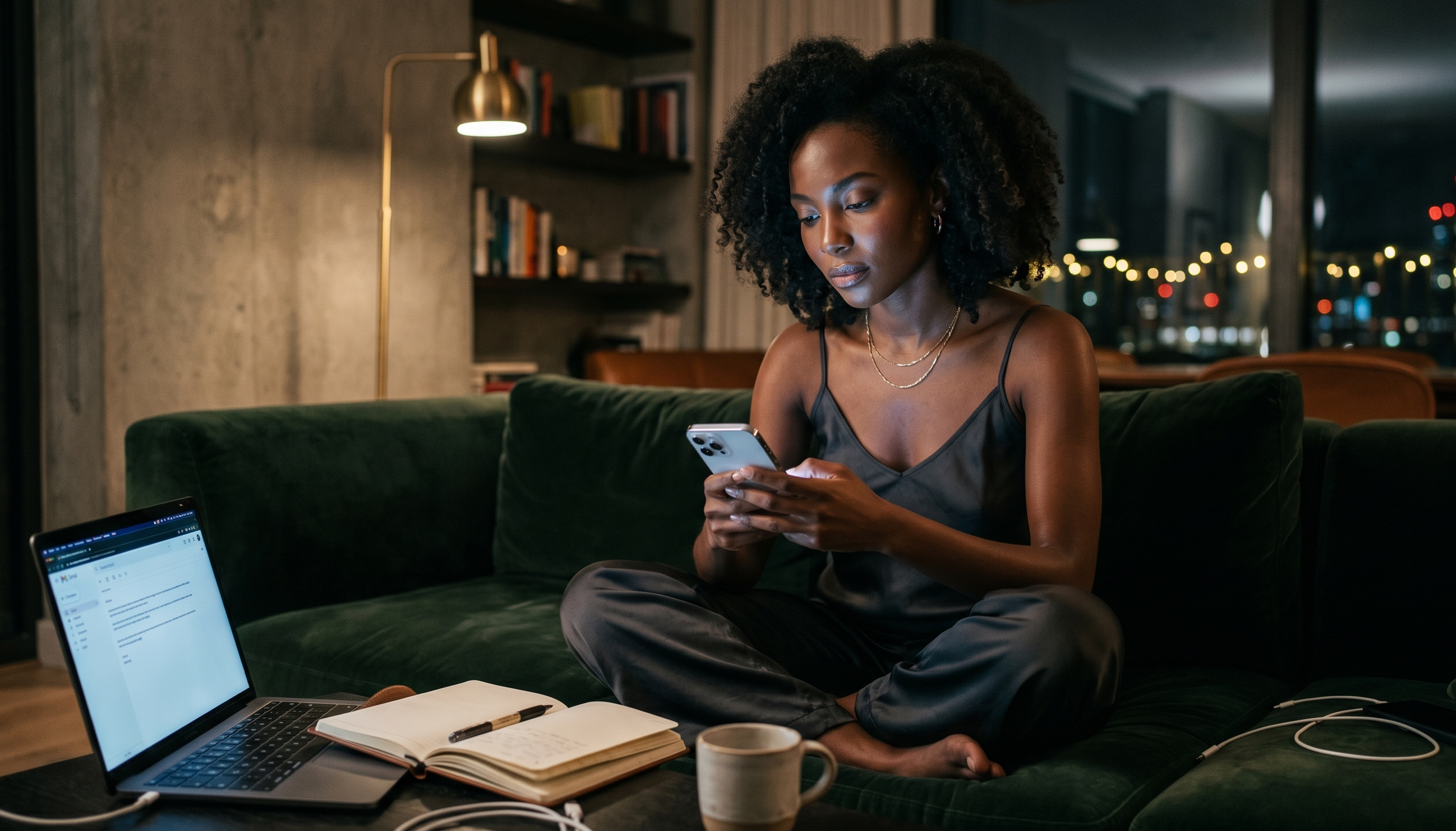 Woman of color experiencing dopamine loops through phone scrolling habits