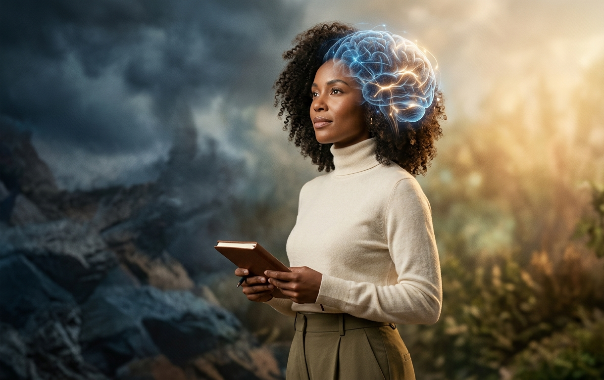 Woman taking a deep breath while learning what happens in your brain during stress