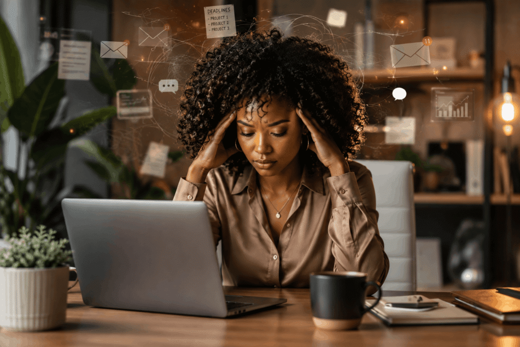 Woman of color experiencing brain fog and chronic stress at work