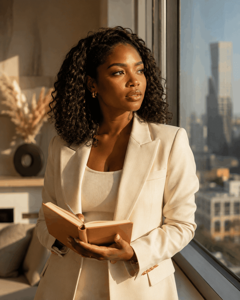 Woman of color reflecting on identity change and personal growth